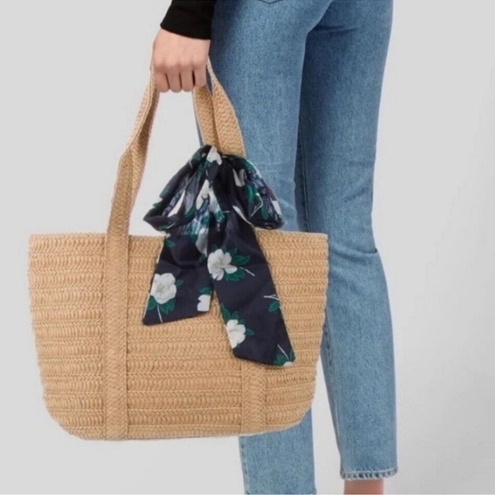 New Draper James Straw Tote Purse with Floral Print Scarf